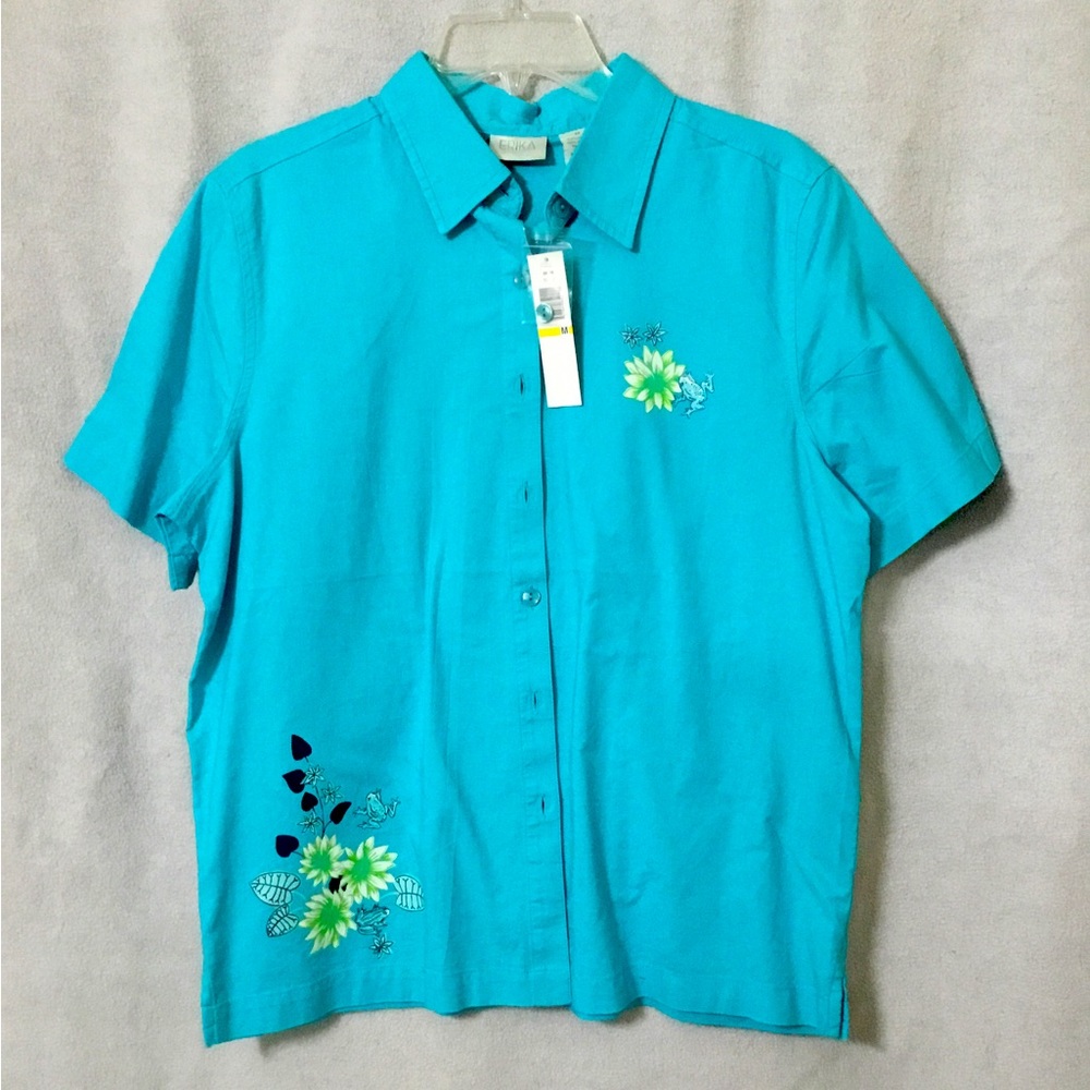 Erika Clothing~Women’s Whimsical Blouse with Frogs in color Teal~Size Med